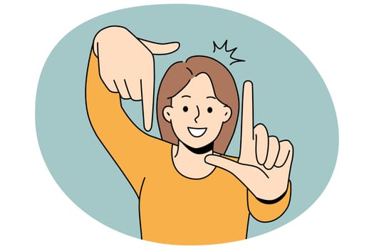 Smiling young woman make camera gesture with hands. Happy girl show taking snap sign. Photography and picture. Vector illustration.