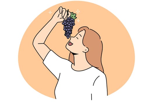 Happy young woman holding grape branch. Smiling girl enjoy fresh tasty fruits. Crop and harvest. Vector illustration.