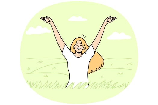 Overjoyed young woman in field feeling joyful and optimistic. Smiling girl relax in summer meadow enjoy mental health and optimism. Vector illustration.