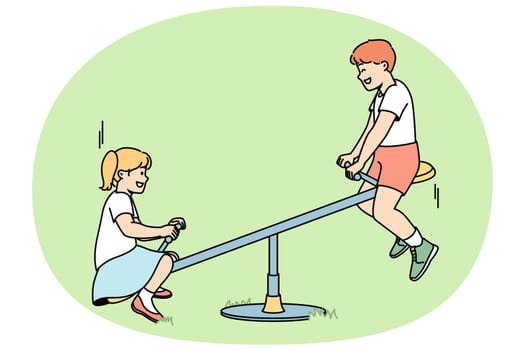 Children ride on teeter-totter at playground in summer. Boy, girl playing at seesaw at street lawn. Kids have fun outdoor. Vector contour line colorful illustration isolated on green background.