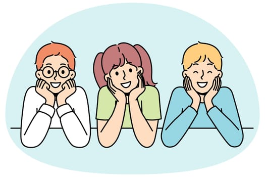 Children with different hair colors smile, listen or look carefully at something. Kids sit, watch, rest their chins with hands. Boys, girl friends spend time together, learn. Vector illustration.