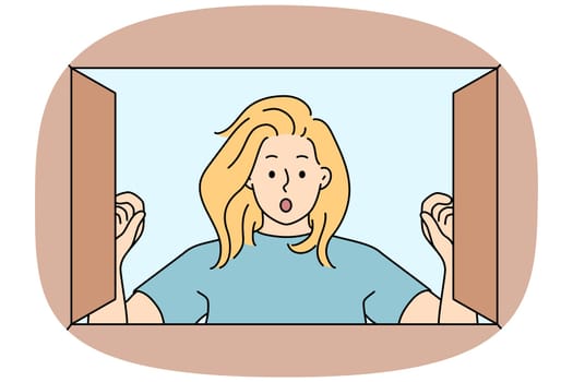 Stunned young woman look in open box shocked with unexpected content. Amazed girl surprised with unbelievable order or purchase in package. Vector illustration.
