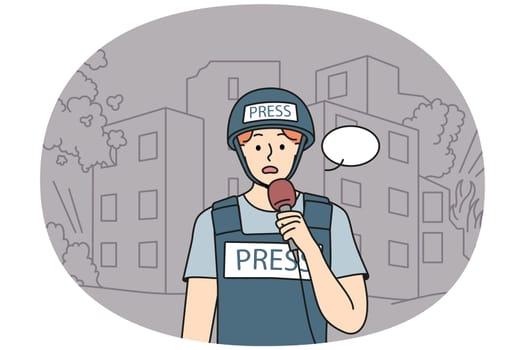 Scared male reporter in protective gear lead live broadcast from war zone. Stressed man correspondent in helmet speak cover news from warzone. Vector illustration.