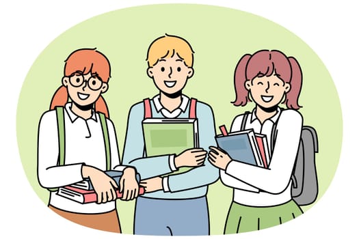 Two girl, boy with college bags stands together, keep textbooks, smiles. Back to school. Schoolchildren like to study. Smart students enjoy learning at university. Vector illustration.