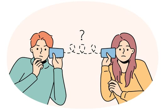 Unhappy couple suffer from communication problems. Upset man and woman distressed with misunderstanding. Relationships troubles. Vector illustration.