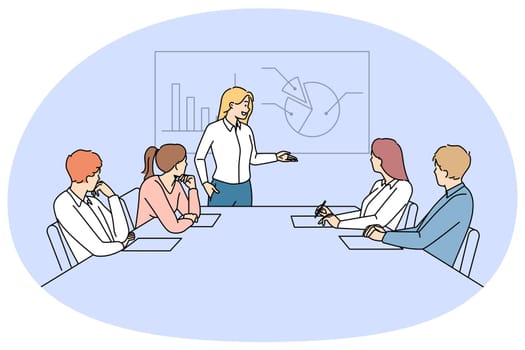 Businesswoman make presentation for colleagues in office meeting. Successful woman leader present financial project for employee. Teamwork and leadership. Vector illustration.