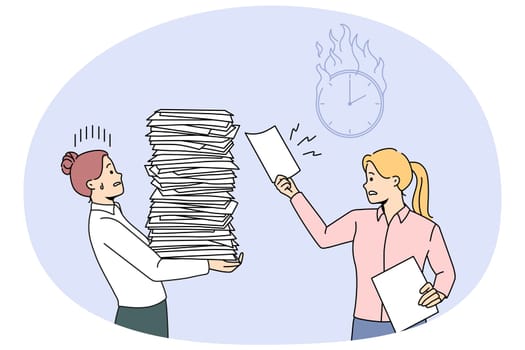 Businesswoman give more work to stressed female employee with stack of papers. Office manager overwhelmed with paperwork. Burnout and fatigue. Vector illustration.