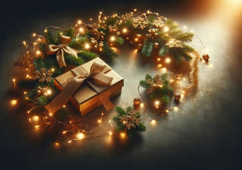 Golden gift with sparkling ribbon amidst a Christmas wreath, highlighted by fairy lights, on a dark, glitter-dusted surface.