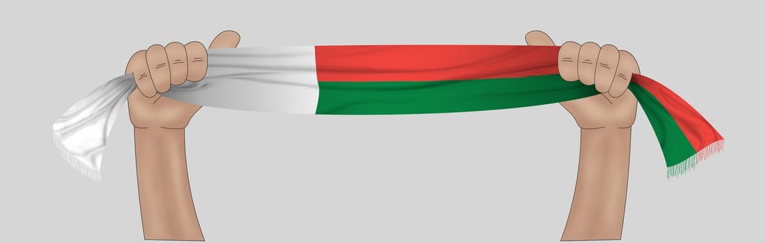 3D illustration. Hand holding flag of Madagascar on a fabric ribbon background.