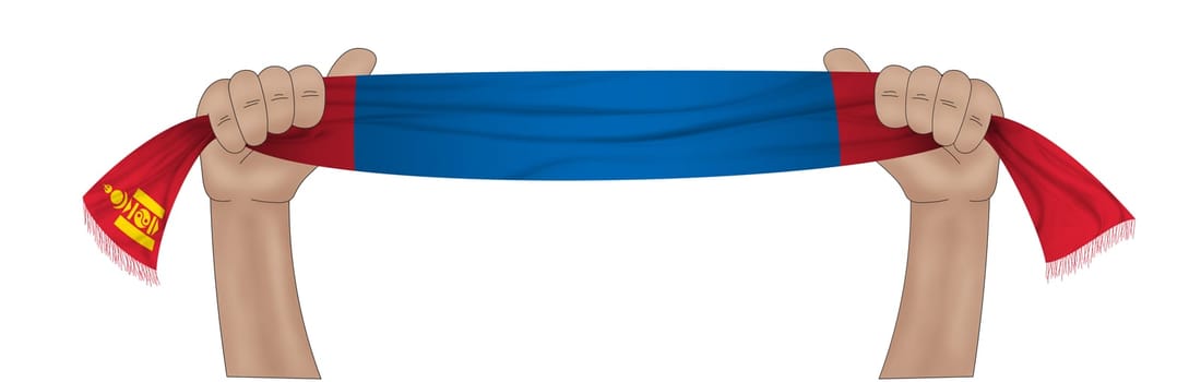 3D illustration. Hand holding flag of Mongolia on a fabric ribbon background.