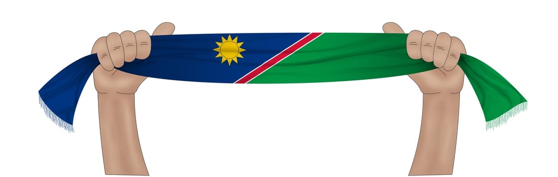 3D illustration. Hand holding flag of Namibia on a fabric ribbon background.
