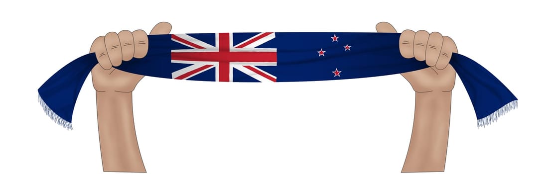 3D illustration. Hand holding flag of New Zealand on a fabric ribbon background.