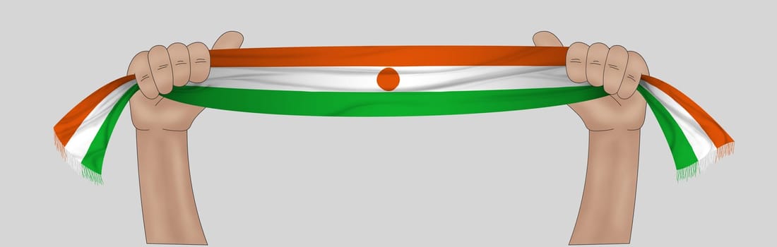 3D illustration. Hand holding flag of Niger on a fabric ribbon background.