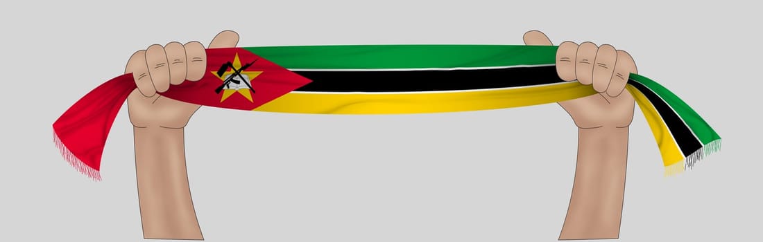 3D illustration. Hand holding flag of Mozambique on a fabric ribbon background.