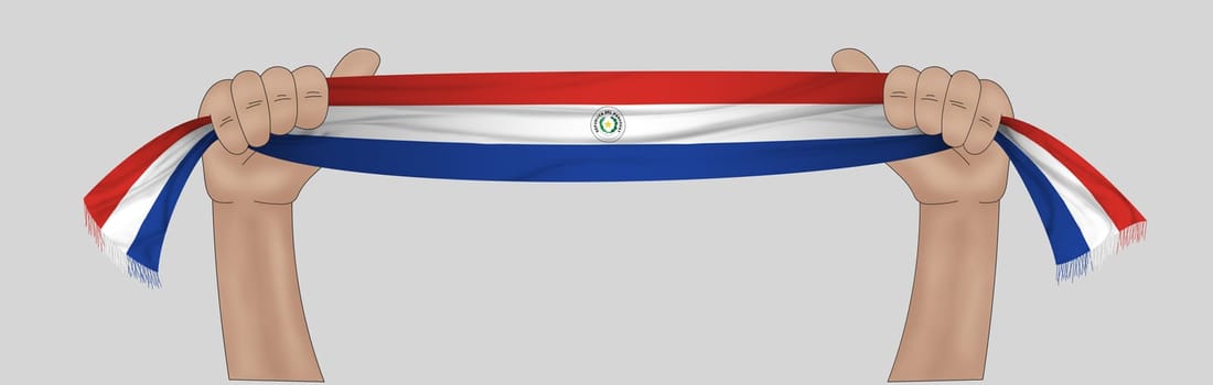 3D illustration. Hand holding flag of Paraguay on a fabric ribbon background.