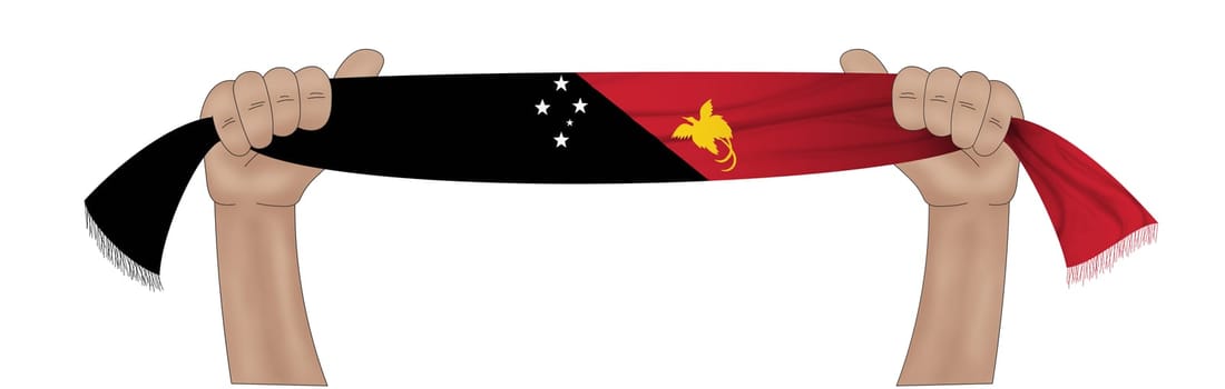 3D illustration. Hand holding flag of Papua New Guinea on a fabric ribbon background.