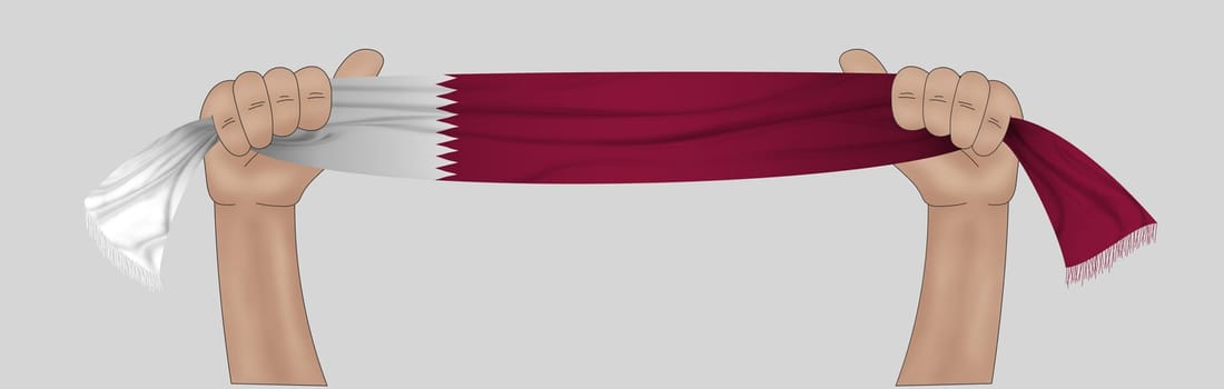 3D illustration. Hand holding flag of Qatar on a fabric ribbon background.