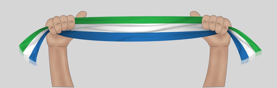 3D illustration. Hand holding flag of Sierra Leone on a fabric ribbon background.