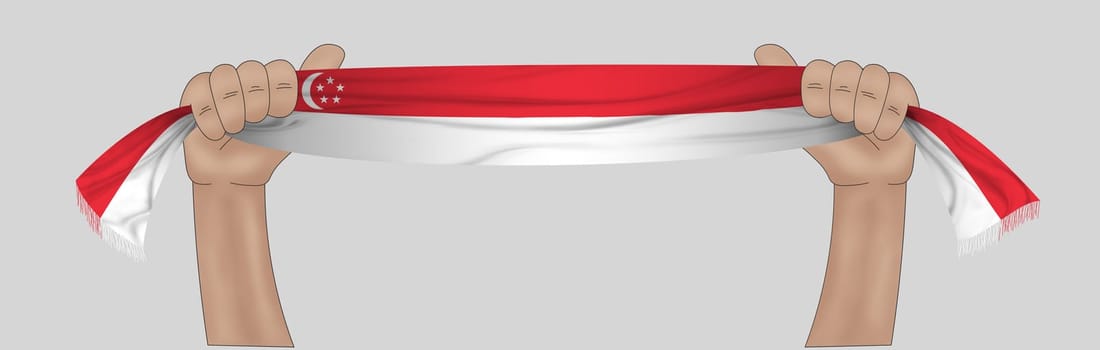 3D illustration. Hand holding flag of Singapore on a fabric ribbon background.