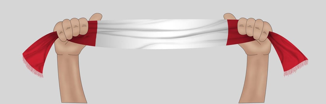 3D illustration. Hand holding flag of Peru on a fabric ribbon background.