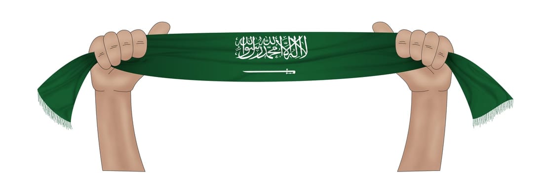 3D illustration. Hand holding flag of Saudi Arabia on a fabric ribbon background.