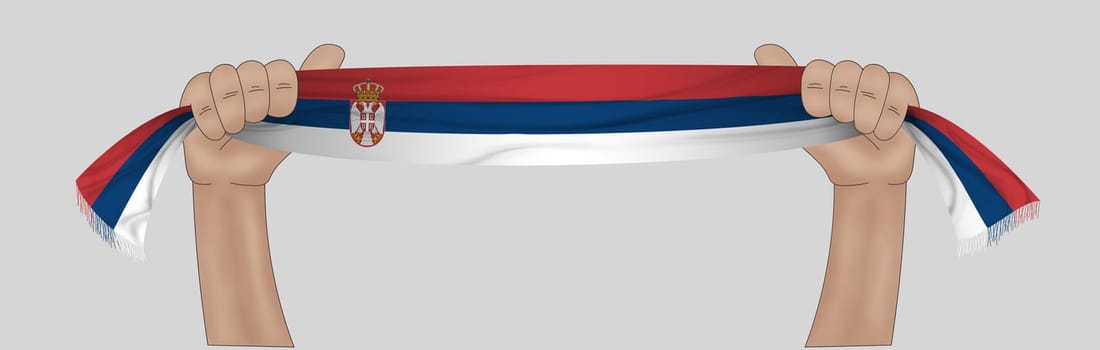 3D illustration. Hand holding flag of Serbia on a fabric ribbon background.