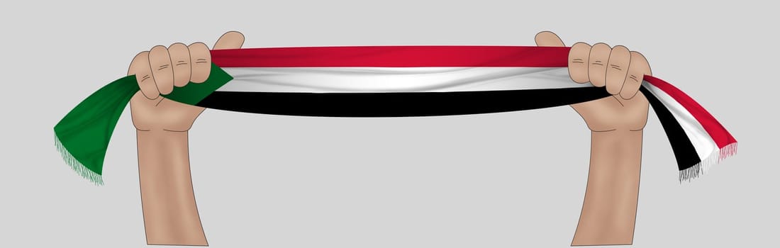 3D illustration. Hand holding flag of Sudan on a fabric ribbon background.