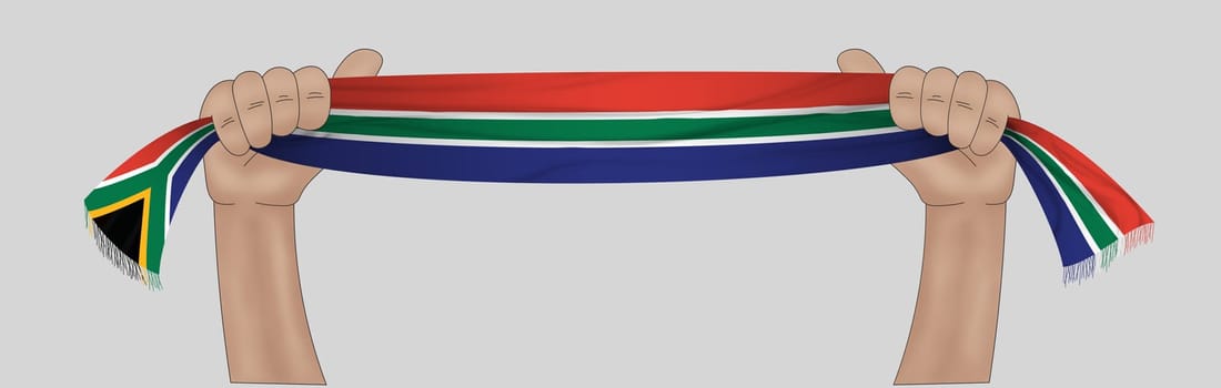 3D illustration. Hand holding flag of South Africa on a fabric ribbon background.