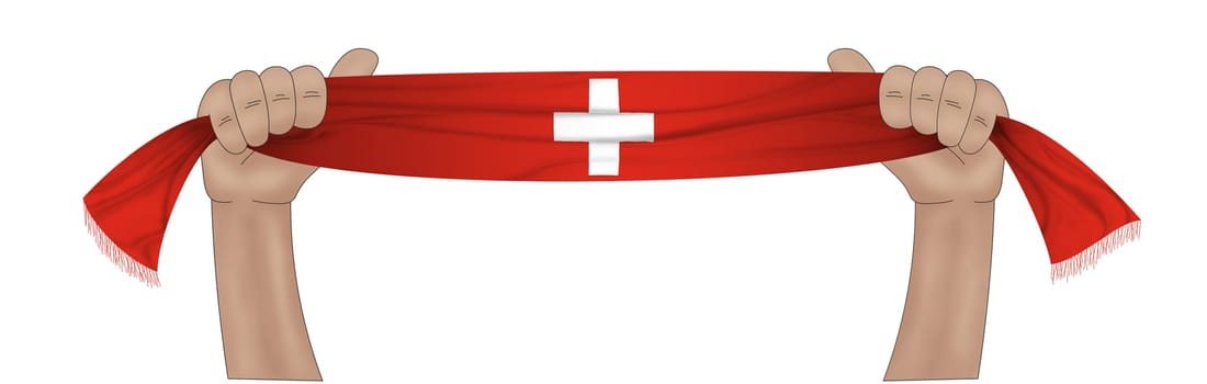 3D illustration. Hand holding flag of Switzerland on a fabric ribbon background.