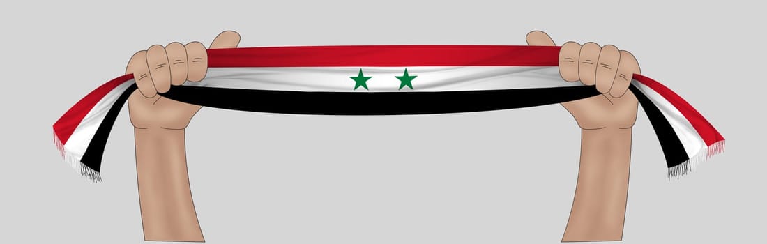 3D illustration. Hand holding flag of Syria on a fabric ribbon background.