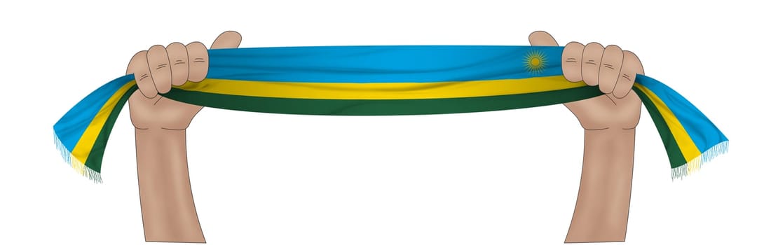 3D illustration. Hand holding flag of Rwanda on a fabric ribbon background.