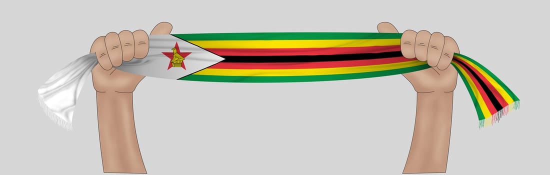 3D illustration. Hand holding flag of Zimbabwe on a fabric ribbon background.