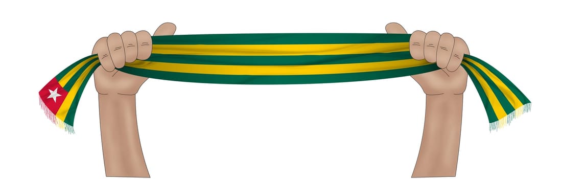 3D illustration. Hand holding flag of Togo on a fabric ribbon background.