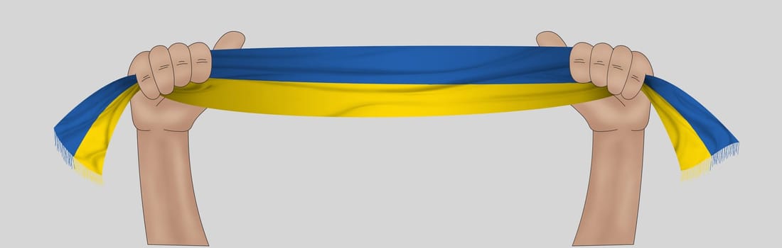 3D illustration. Hand holding flag of Ukraine on a fabric ribbon background.