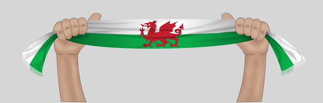 3D illustration. Hand holding flag of Wales on a fabric ribbon background.