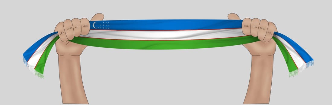 3D illustration. Hand holding flag of Uzbekistan on a fabric ribbon background.