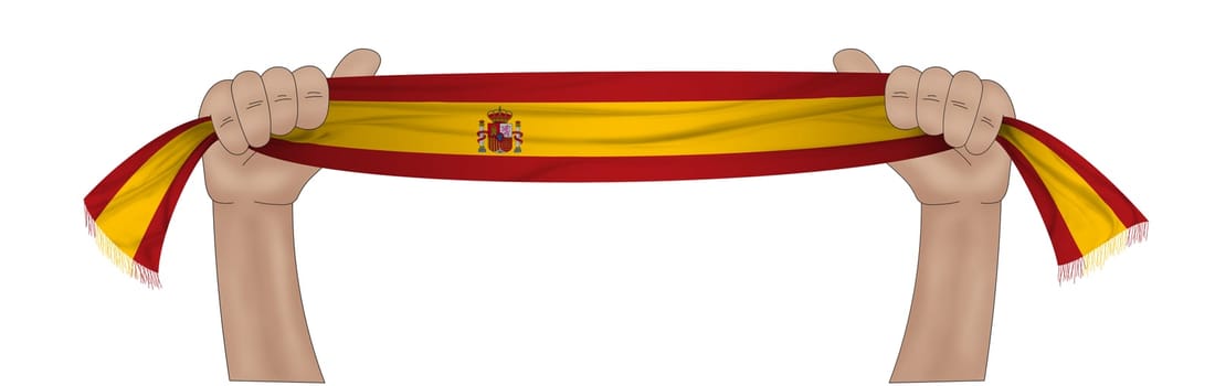3D illustration. Hand holding flag of Spain on a fabric ribbon background.