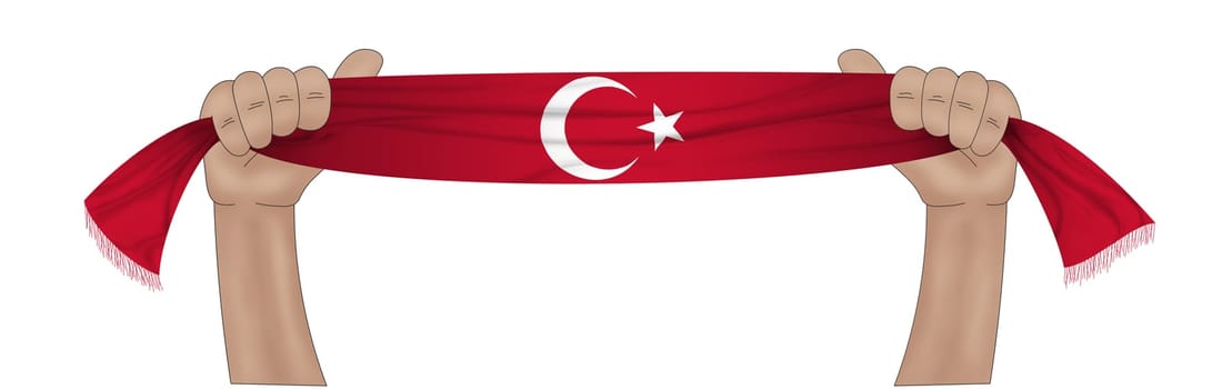 3D illustration. Hand holding flag of Turkiye on a fabric ribbon background.