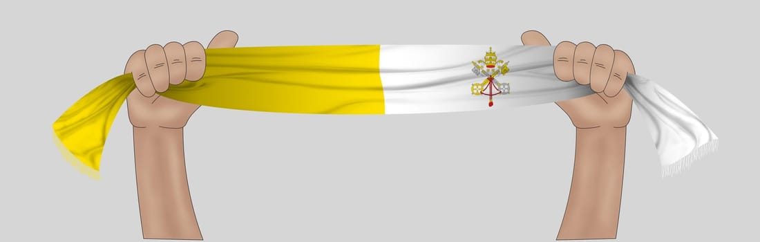 3D illustration. Hand holding flag of Vatican City on a fabric ribbon background.