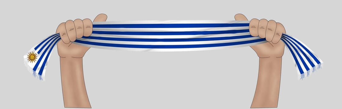 3D illustration. Hand holding flag of Uruguay on a fabric ribbon background.