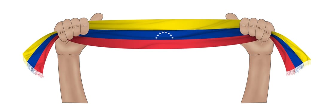 3D illustration. Hand holding flag of Venezuela on a fabric ribbon background.