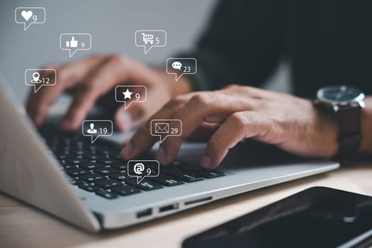 A young businessman works diligently on her laptop, utilizing the power of social media and online marketing strategies. The concept of modern business in a digital age is vividly portrayed.