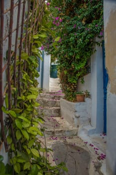Athens, Greece, November 27th 2023: Cozy alley with stairs in Athens quarter Anafiotika