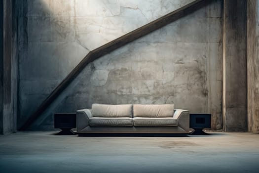 Modern sofa in a grey room with straight corners and edges, brutalist concrete abstract interior building. Grey  sofa in empty room with grey walls and concrete floor. AI generated
