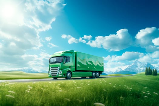 Eco friendly transportation concept. Futuristic electric autonomous  truck on rural road with a summer landscape. AI generated