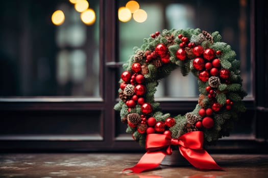 Christmas wreath with red bow, decor on building facade. Christmas festive decor, holiday winter fair. Merry Christmas. AI generated