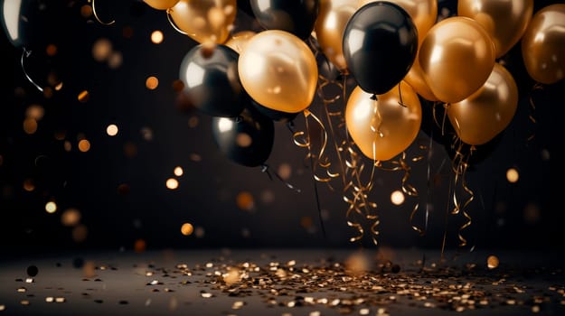 Golden and black balloons floating on dark background. AI generated