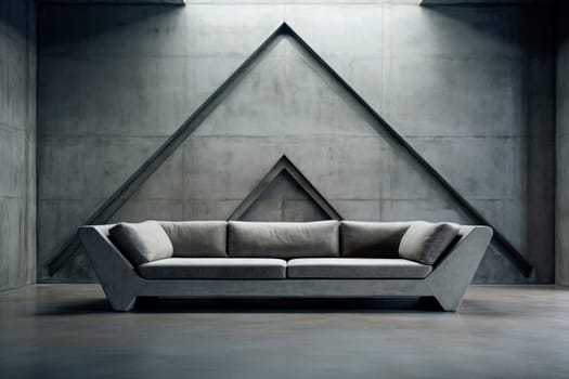 Modern sofa in a grey room with straight corners and edges, brutalist concrete abstract interior building. Grey  sofa in empty room with grey walls and concrete floor. AI generated
