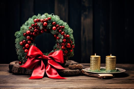 Christmas wreath and candles on a wooden background. Christmas festive decor, holiday winter fair. Merry Christmas. AI generated