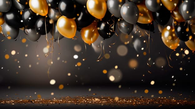 Different helium party balloons on dark background. Golden, grey and black balloons.AI generated